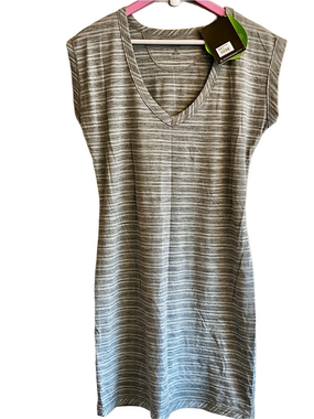 NWT❗️ICEBREAKER Size MED Villa Gray Striped V-Neck Merino Midi Dress